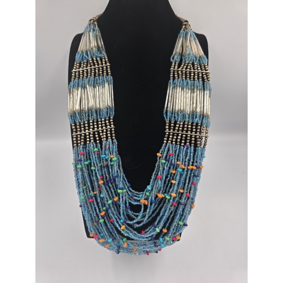 Ethnic Tribal Style Beaded Multistrand Statement Necklace Blue Silver Tone - Picture 2 of 9